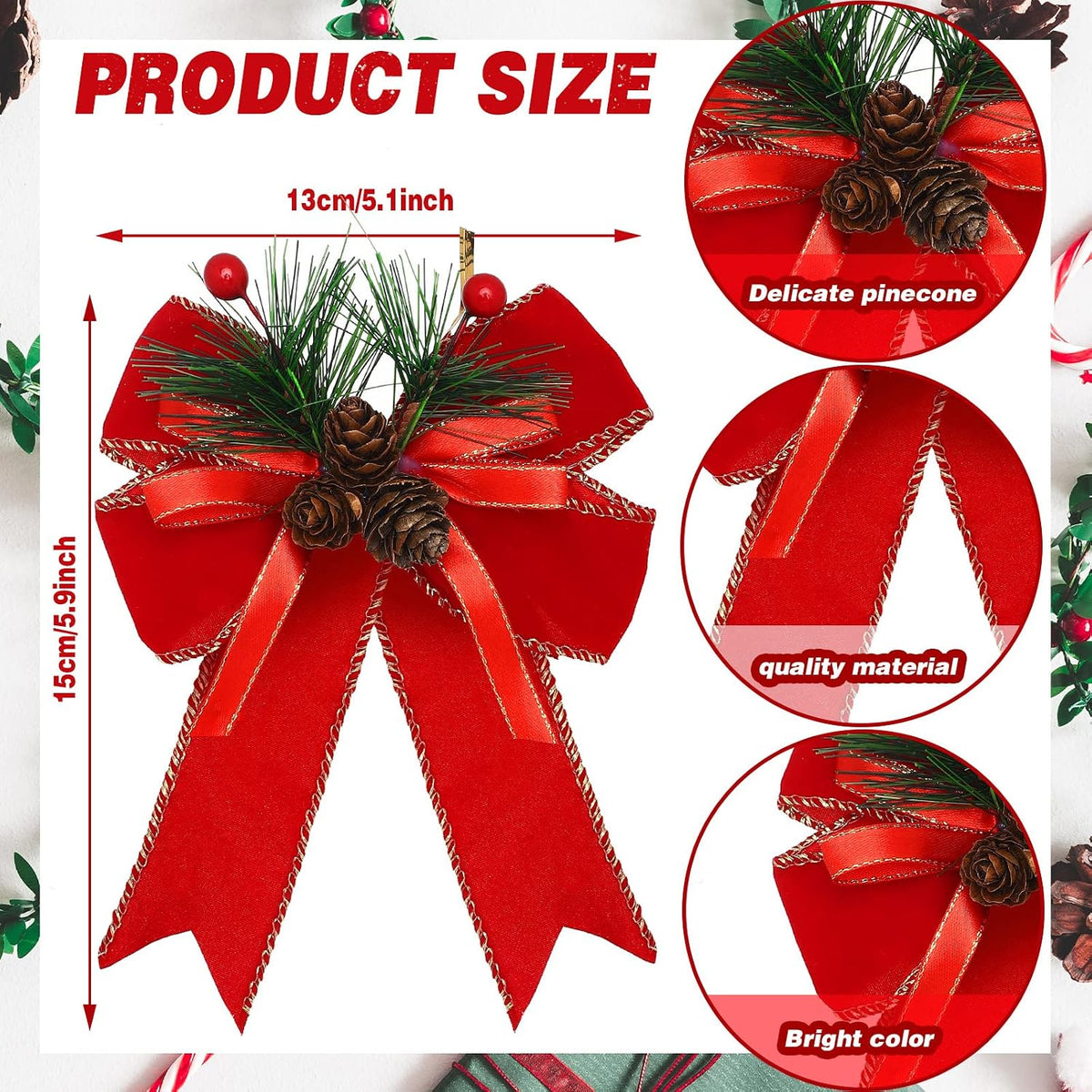 Home Collection Pack of 6 Velvet Christmas Ribbon Bows Holiday Tree Wreath and Garland Decorations