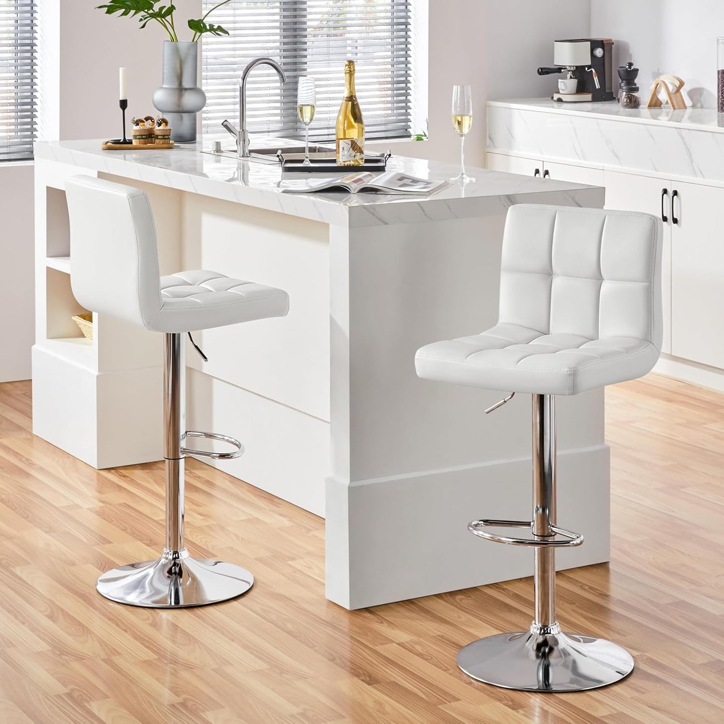 Home Collection White PU Leather Adjustable Swivel Bar Stools Set of 2