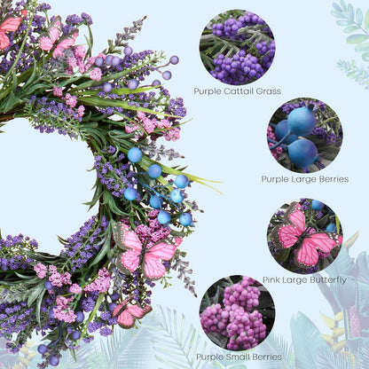 Home Collection Lavender Spring Summer Wreath for Front Door with Berries and Butterflies