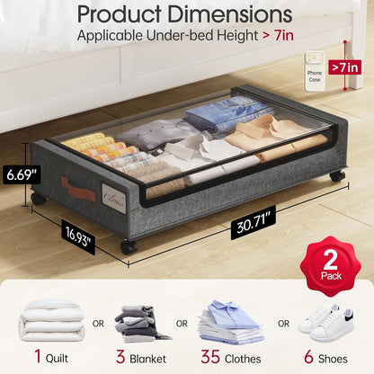 Home Collection Pack of 2 Large Under Bed Storage with Wheels Containers for Clothes and Shoes