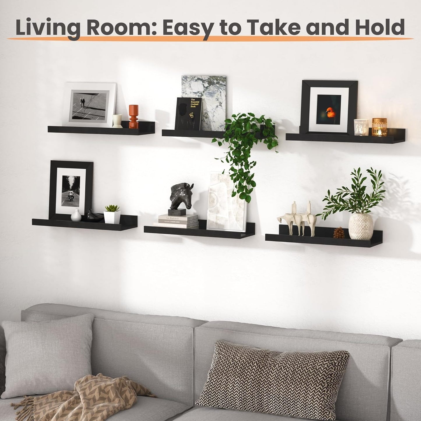 Home Collection Floating Wall Shelves Set of 6 Black
