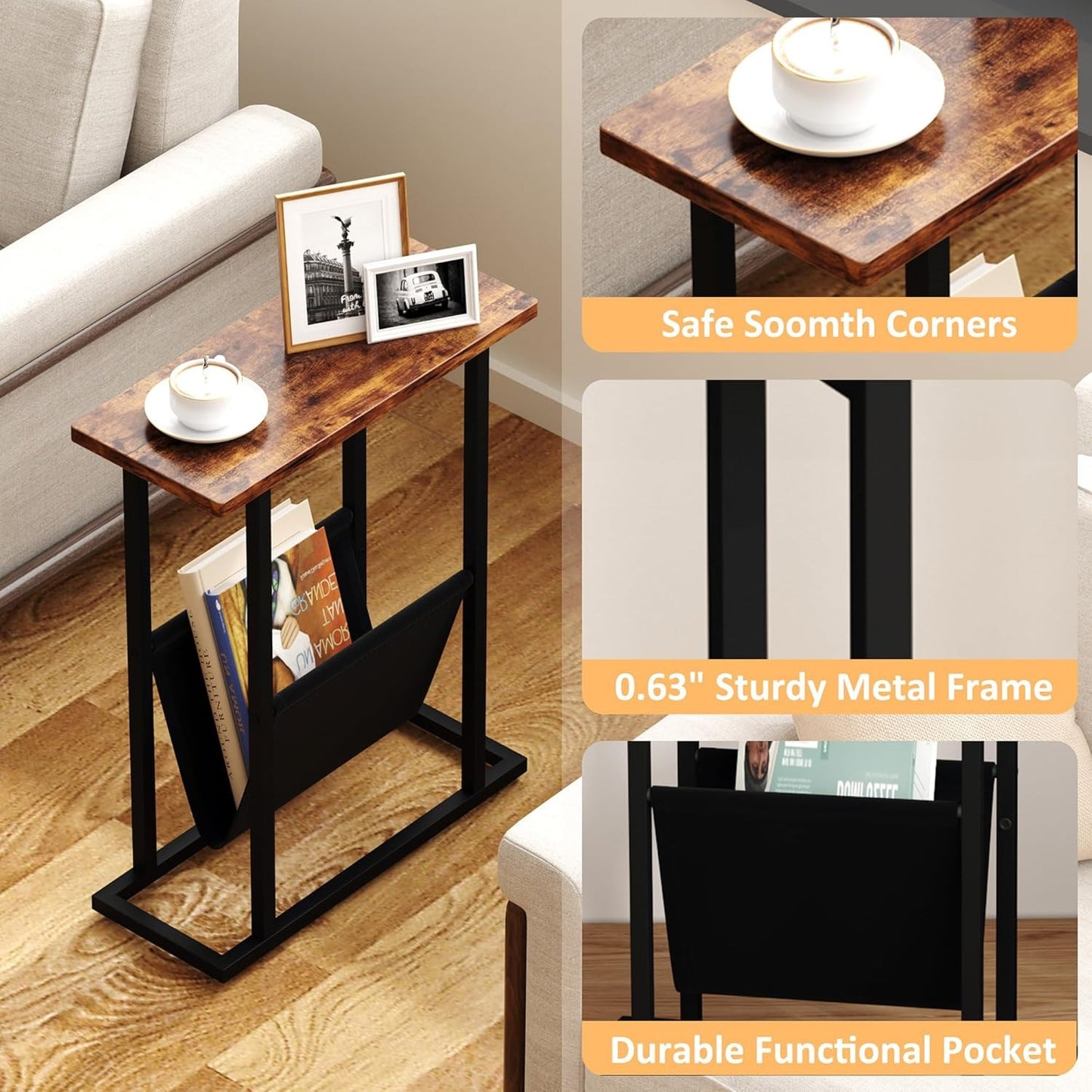 Home Collection 2Pcs Narrow Side Table with Magazine Holder