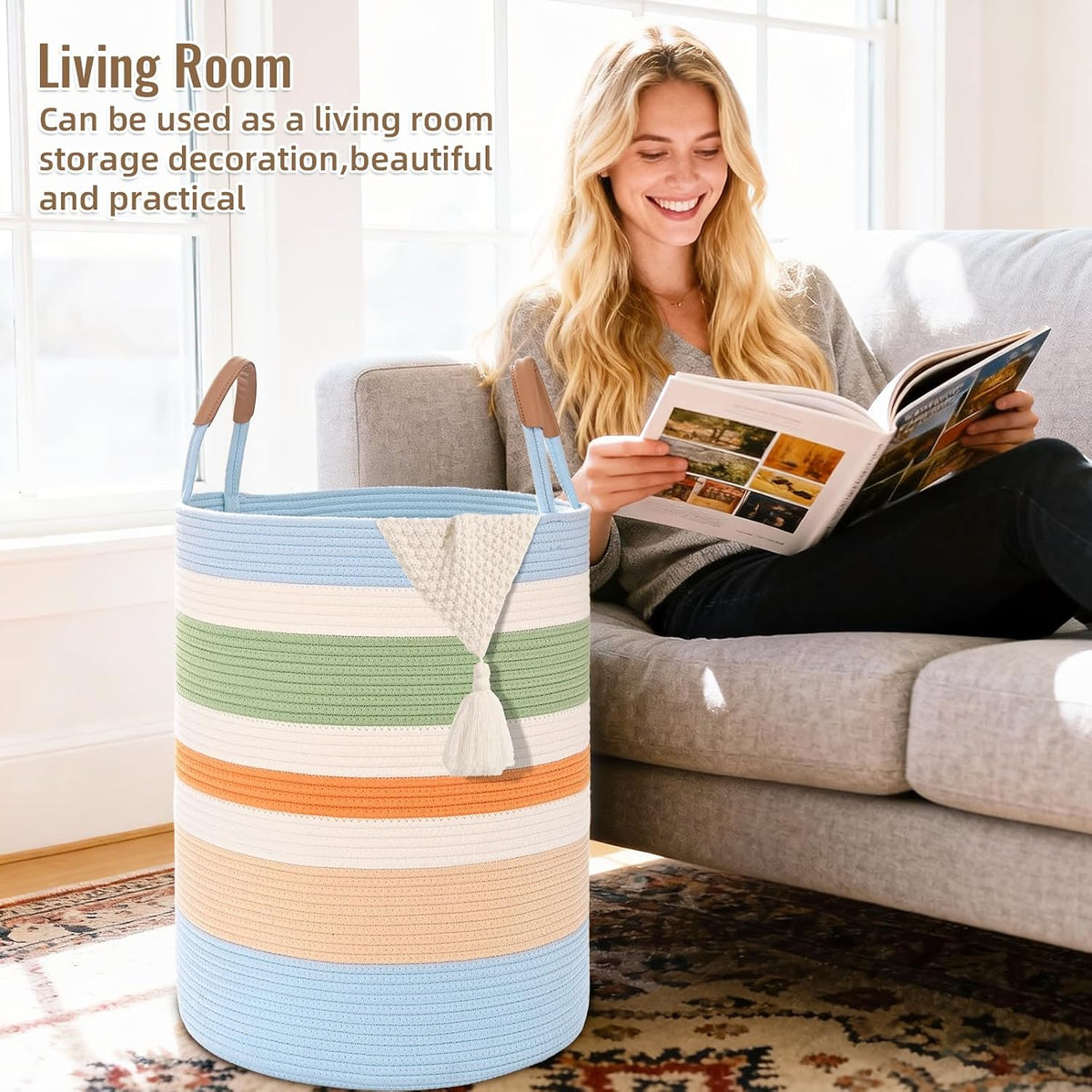 Home Collection 60L Woven Rope Laundry Hamper with Leather Handles
