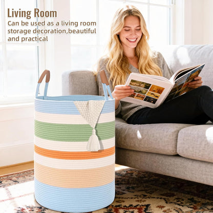 Home Collection 60L Woven Rope Laundry Hamper with Leather Handles