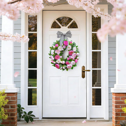 Home Collection Spring Wreath for Front Door with Pink White Peonies and Striped Bow 24 Inch