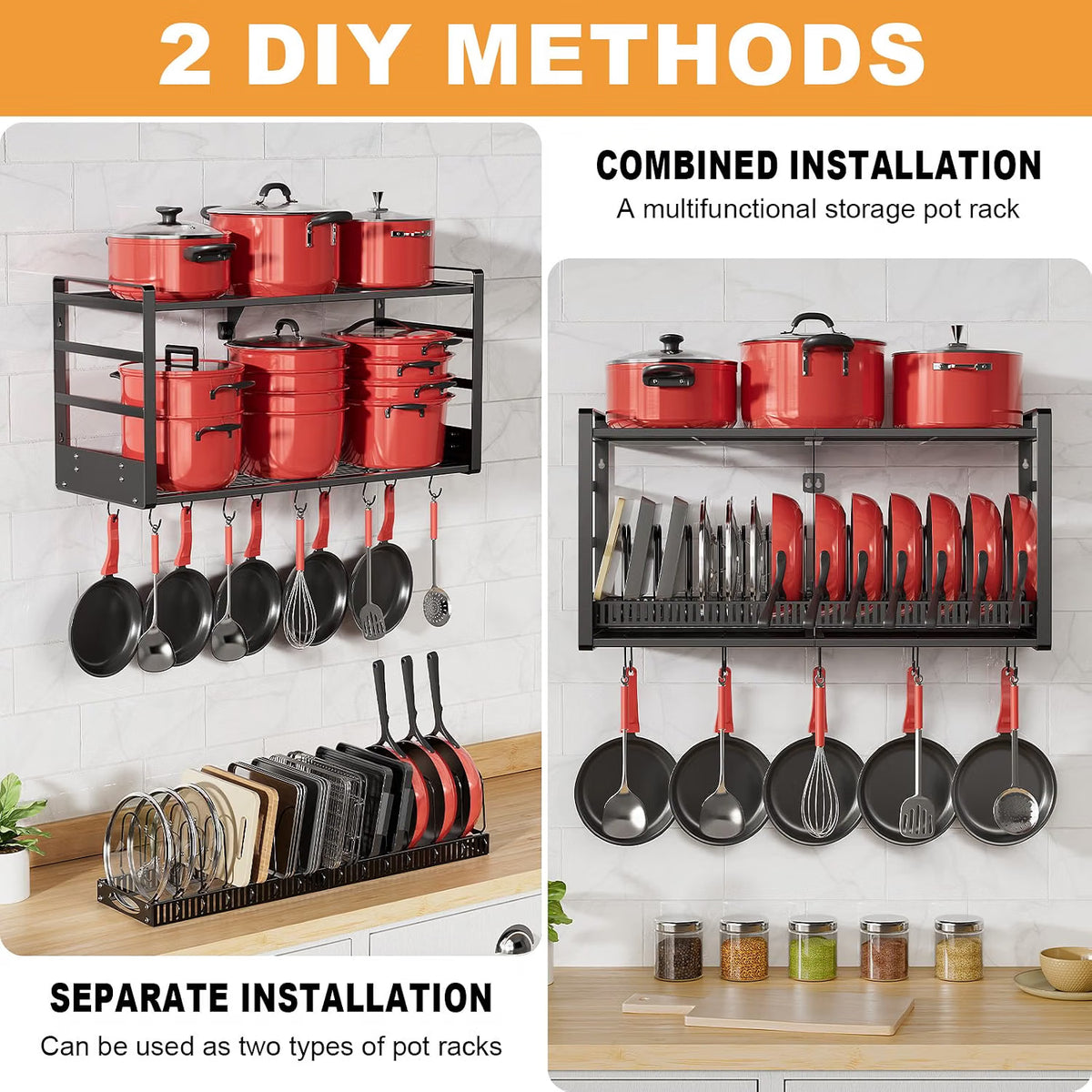 Home Collection 2Tier Wall Mounted Pot Rack with 20 Hooks and Lid Holder 31 Inch
