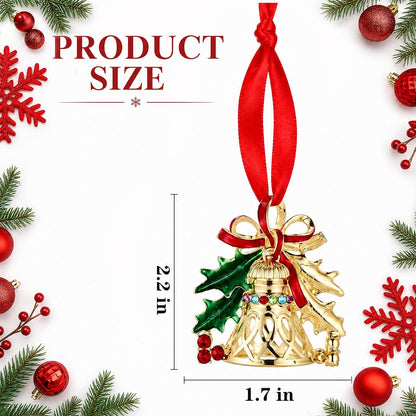 Home Collection Pack of 6 Gold Metal Christmas Bell Ornaments with Holly Leaves Red Bows & Rhinestones