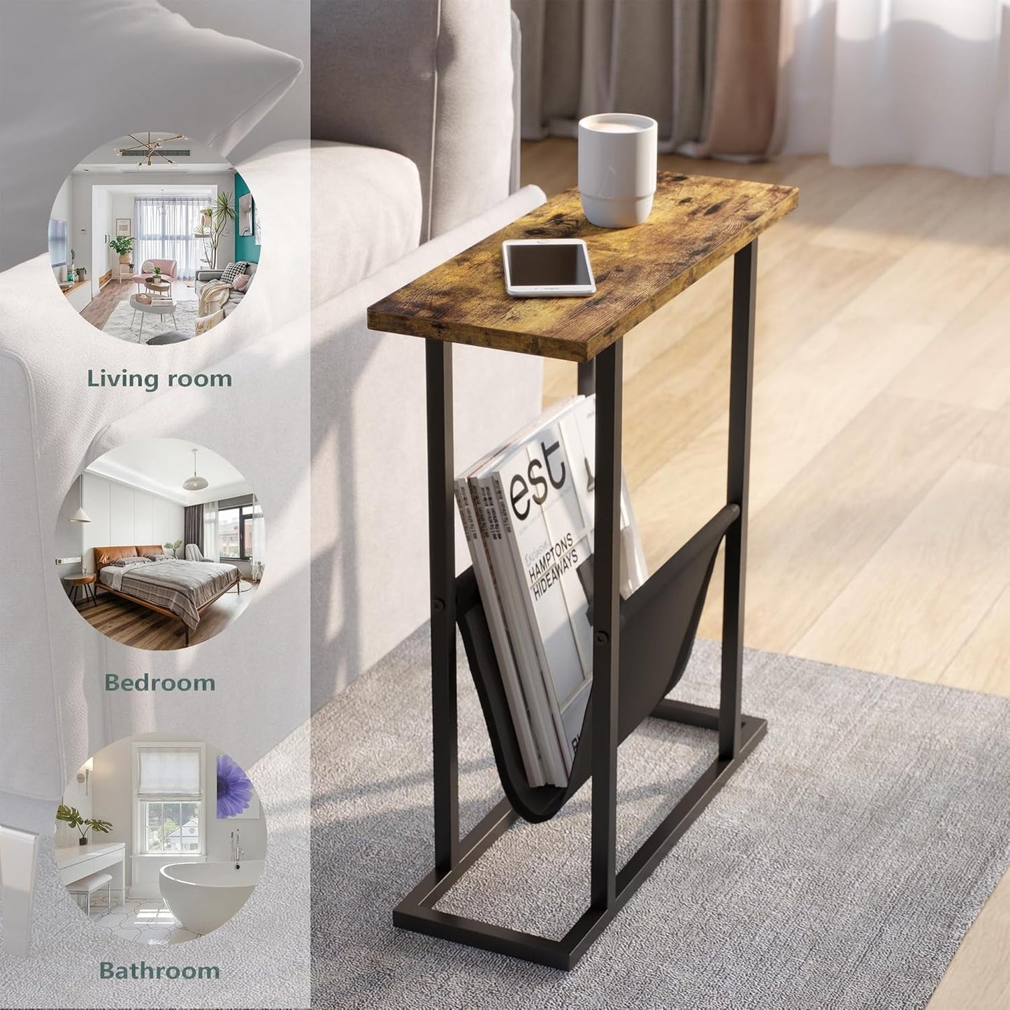 Home Collection 2Pcs Narrow Side Table with Magazine Holder