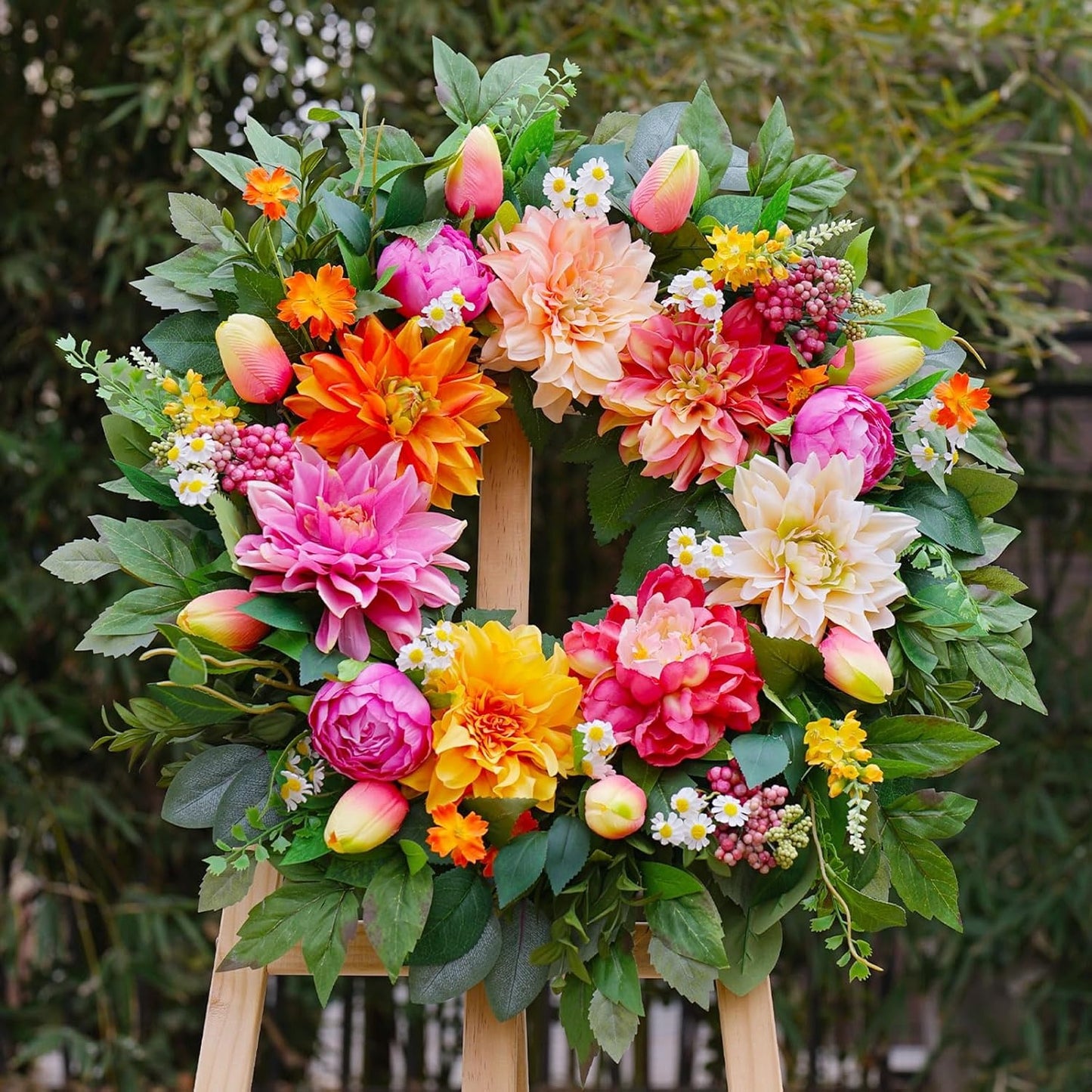 Home Collection Spring and Summer Wreath with Dahlia and Greenery for Front Door 24 Inch