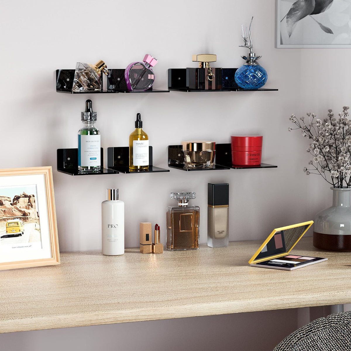 Home Collection Pack of 2 6-Inch Acrylic Floating Wall Shelves for Figures, Plants and Décor