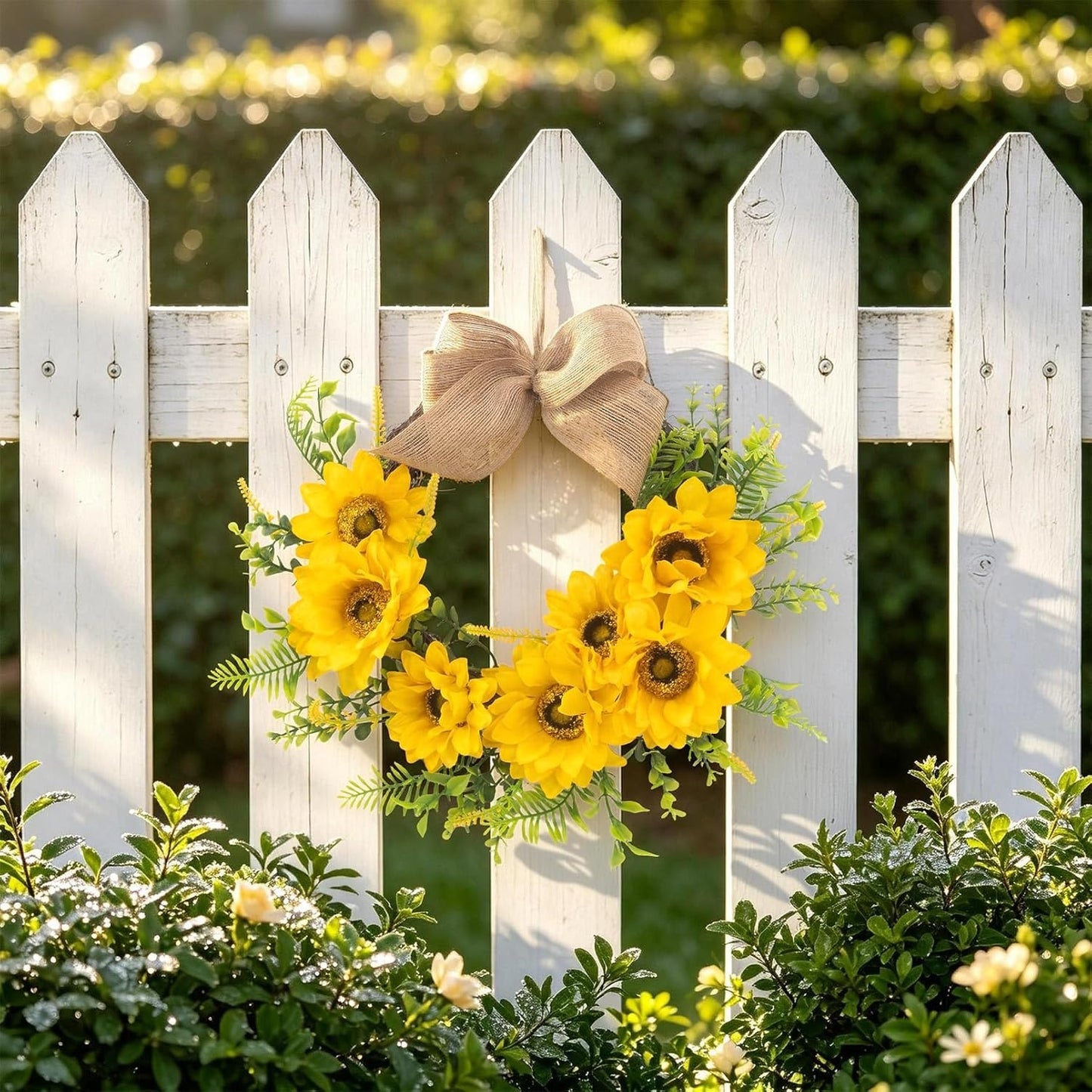 Home Collection Sunflower Wreath for Front Door with Burlap Bow and Greenery 14 Inch