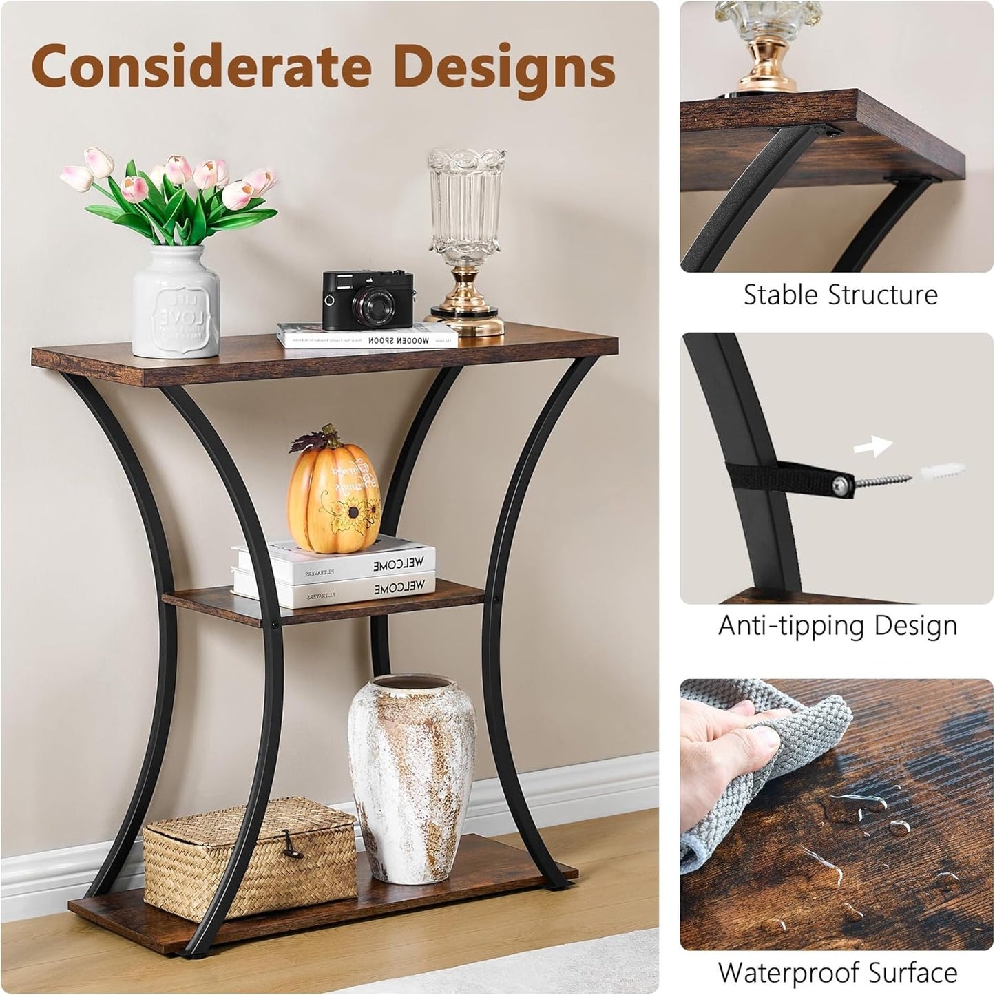 Home Collection 3-Tier Console Table with Open Shelves