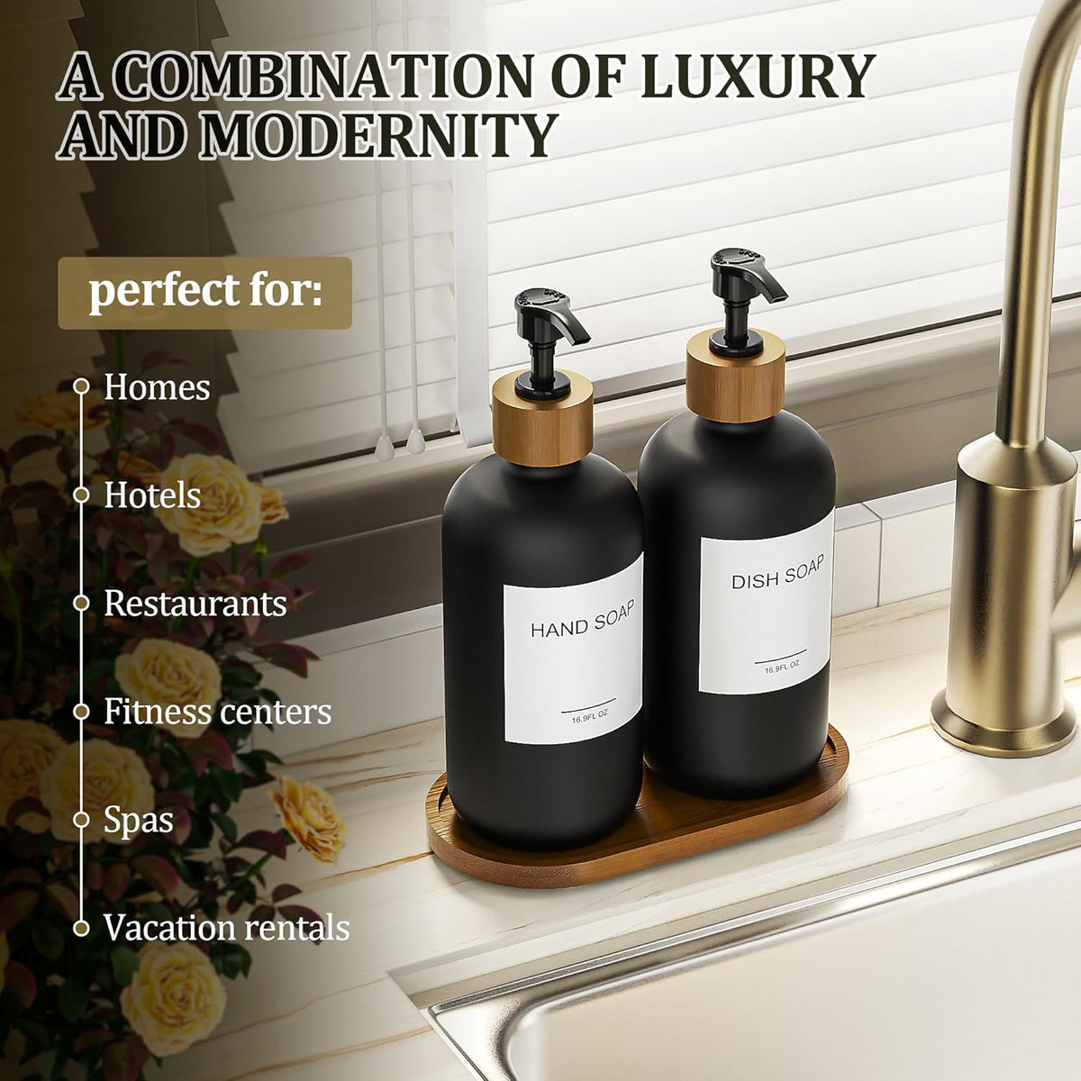Home Collection Pack of 2 Soap and Lotion Dispenser Set with Wooden Pumps and Tray