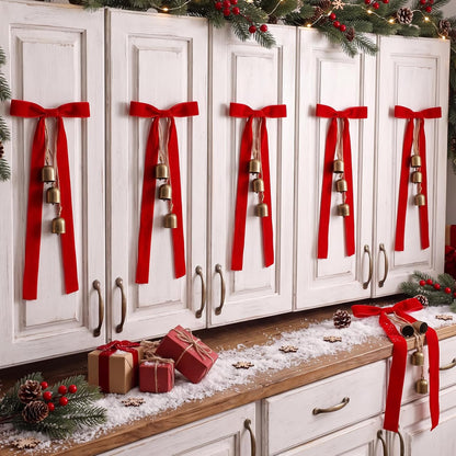 Home Collection Pack of 6 Rustic Christmas Cow Bells with Velvet Bows, 19.7 Inch Hanging Holiday Decor