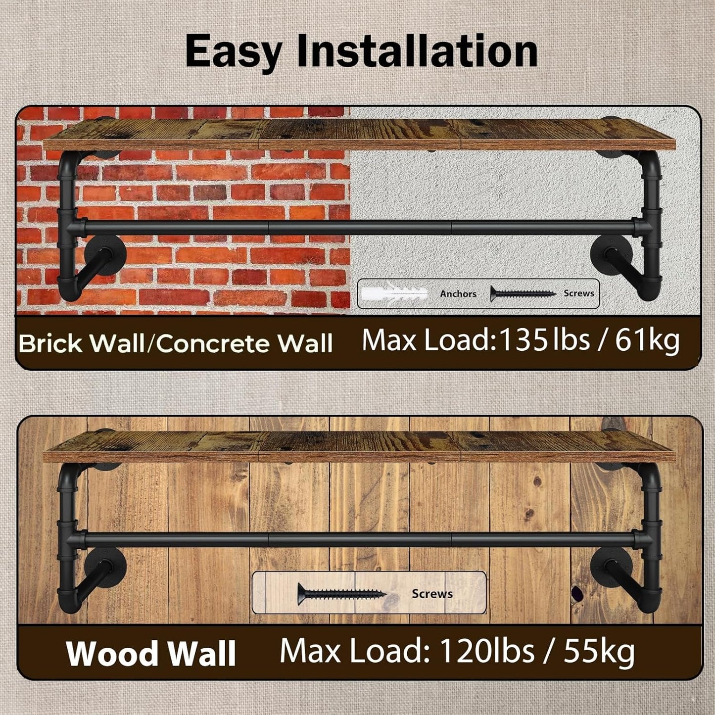 Home Collection Industrial Pipe Wall Mounted Clothes Rack with Top Shelf