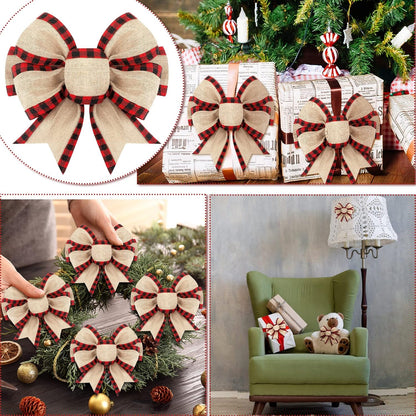 Home Collection Pack of 4 Christmas Buffalo Plaid Bows Burlap Gingham Ribbon Bows for Tree and Wreath Decor 6 Inch