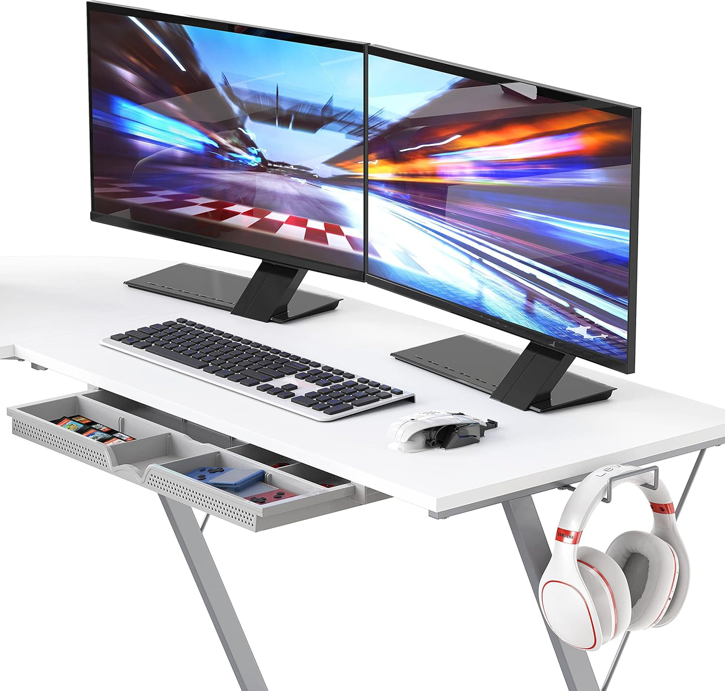 Home Collection Modern L-Shaped Gaming Desk with monitor Stand and Drawer