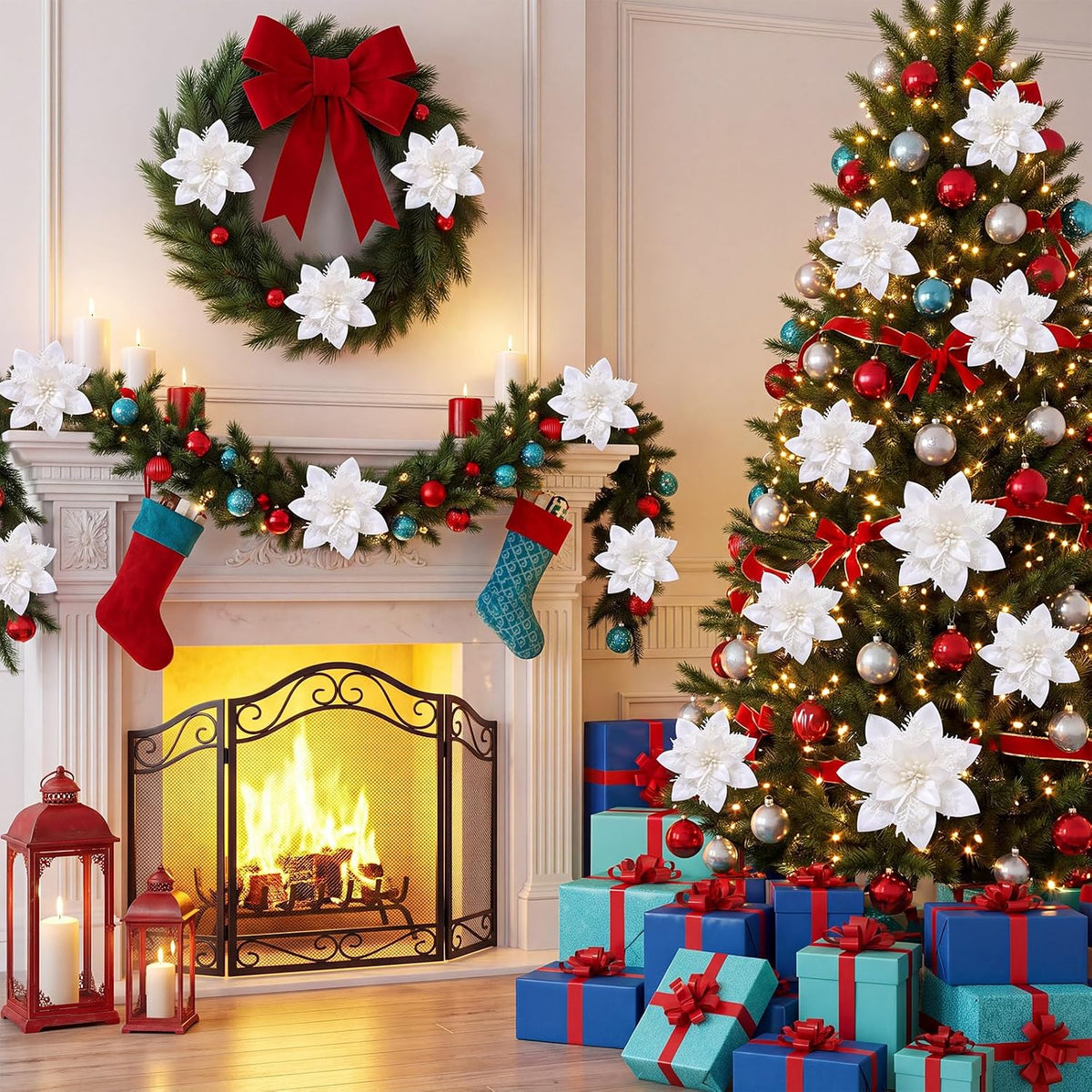 Home Collection Pack of 24 Glitter Christmas Poinsettia Flowers Clip-On Tree Ornaments