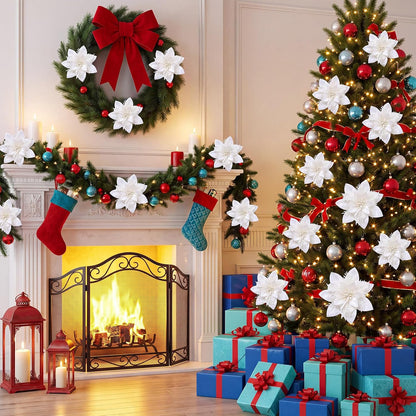 Home Collection Pack of 24 Glitter Christmas Poinsettia Flowers Clip-On Tree Ornaments
