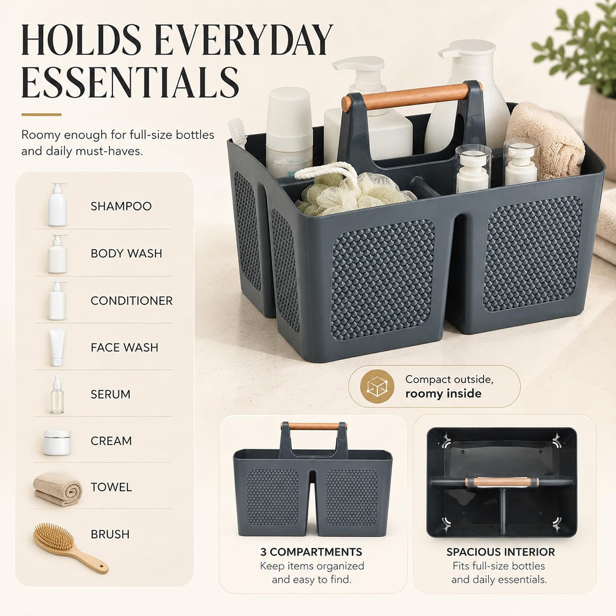 Home Collection 3-Compartment Portable Shower Caddy with Wooden Handle