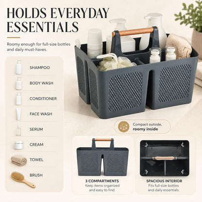 Home Collection 3-Compartment Portable Shower Caddy with Wooden Handle