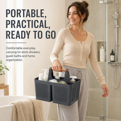 Home Collection 3-Compartment Portable Shower Caddy with Wooden Handle