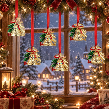 Home Collection Pack of 6 Gold Metal Christmas Bell Ornaments with Holly Leaves Red Bows & Rhinestones