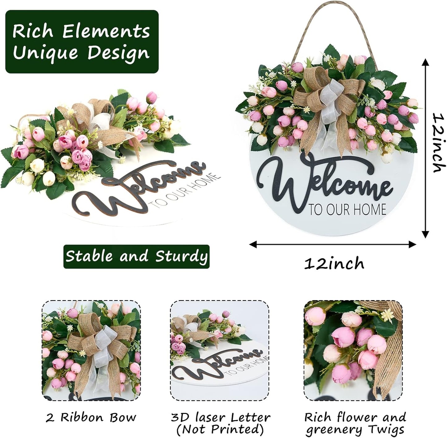 Home Collection 3D Welcome Wreath Door Hanger with Pink Flowers and Farmhouse Sign 13 Inch