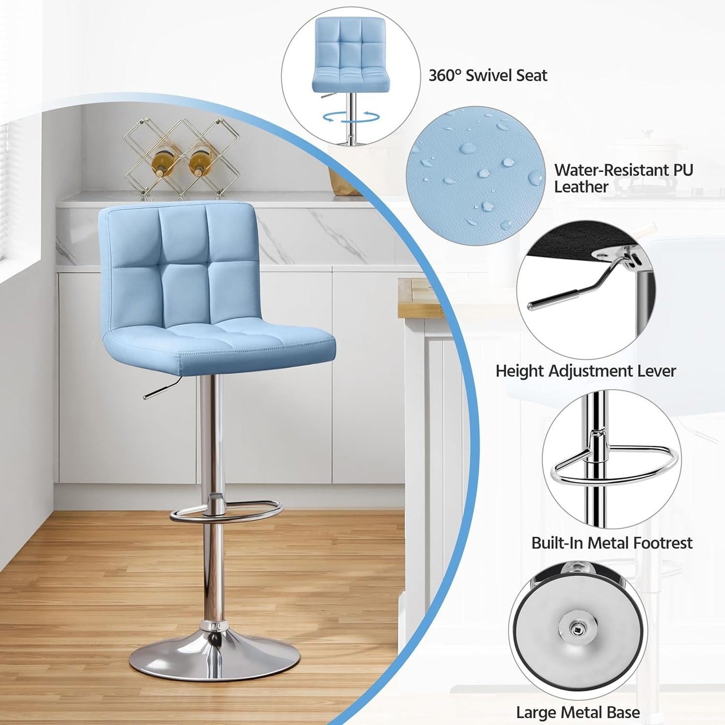 Home Collection Blue PU Leather Adjustable Swivel Bar Stools Set of 2