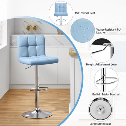 Home Collection Blue PU Leather Adjustable Swivel Bar Stools Set of 2