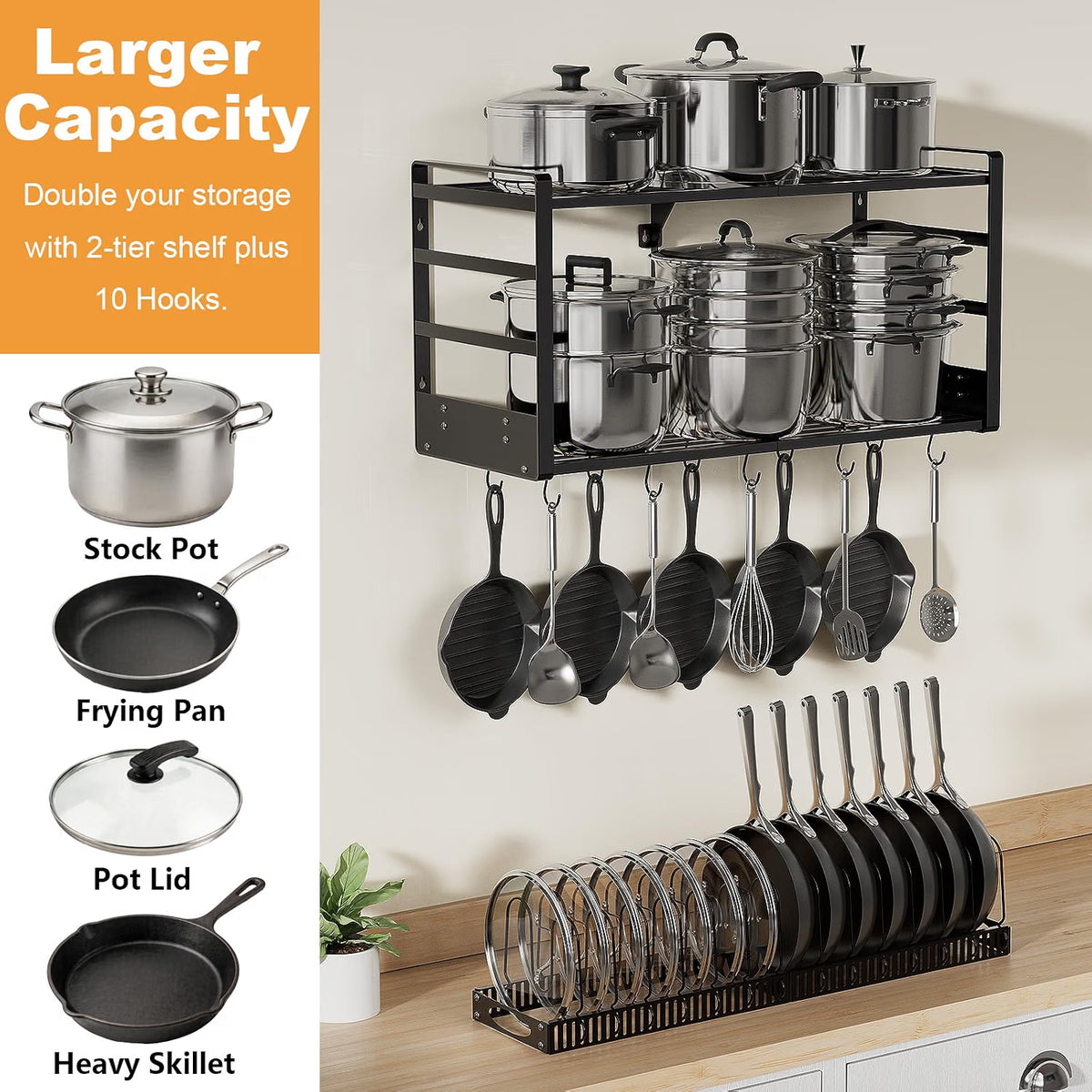 Home Collection 2Tier Wall Mounted Pot Rack with 20 Hooks and Lid Holder 31 Inch