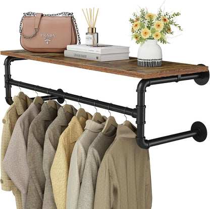 Home Collection Industrial Pipe Wall Mounted Clothes Rack with Top Shelf