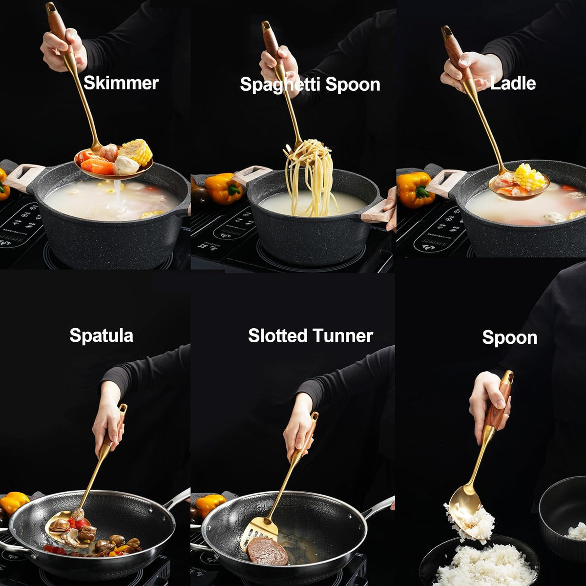 Home Collection Pack of 6 Stainless Steel Kitchen Utensil Set with Wooden Handles