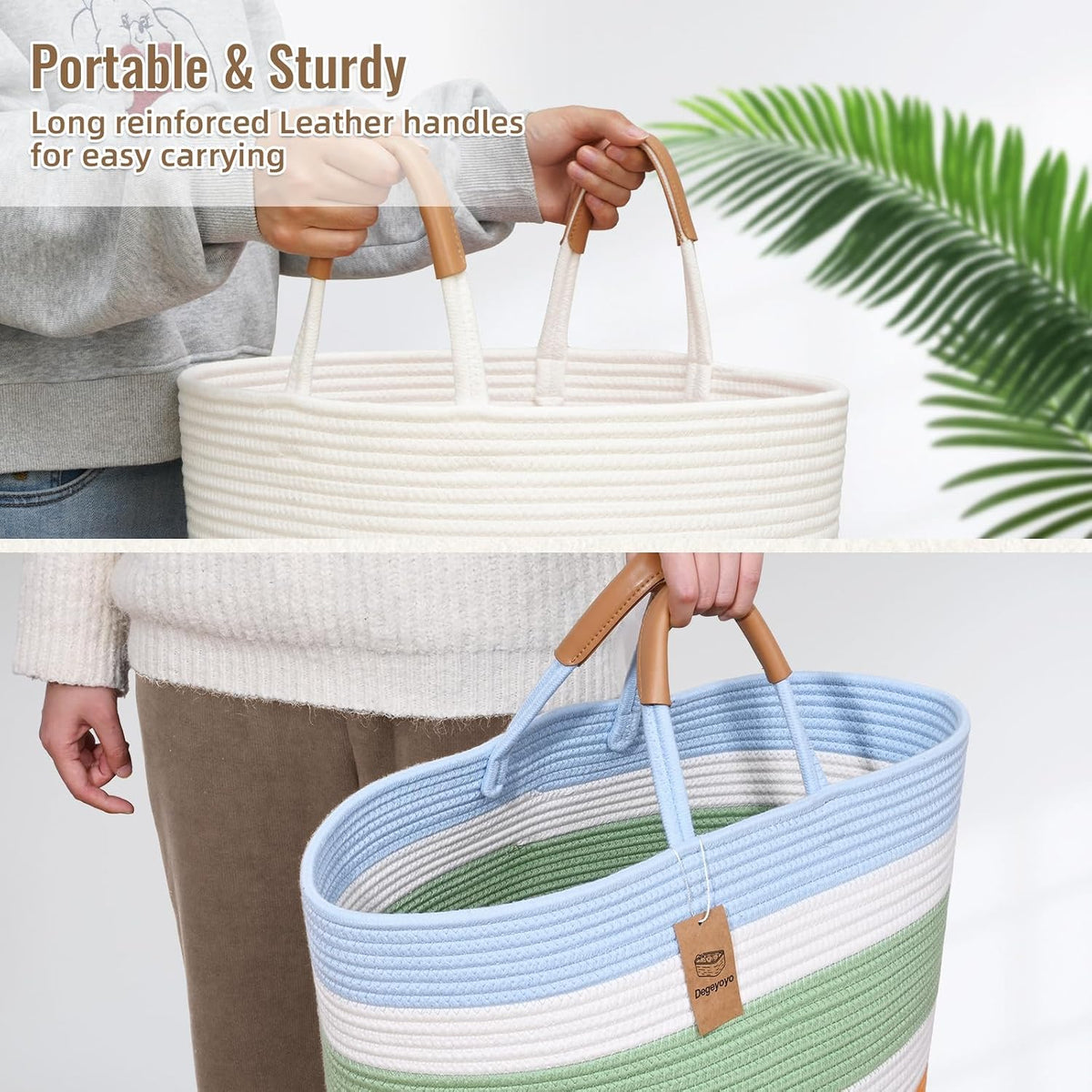 Home Collection 60L Woven Rope Laundry Hamper with Leather Handles