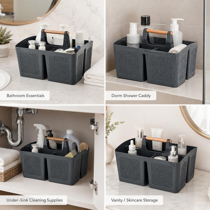 Home Collection 3-Compartment Portable Shower Caddy with Wooden Handle