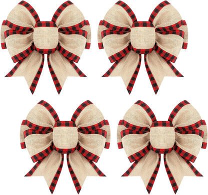 Home Collection Pack of 4 Christmas Buffalo Plaid Bows Burlap Gingham Ribbon Bows for Tree and Wreath Decor 6 Inch