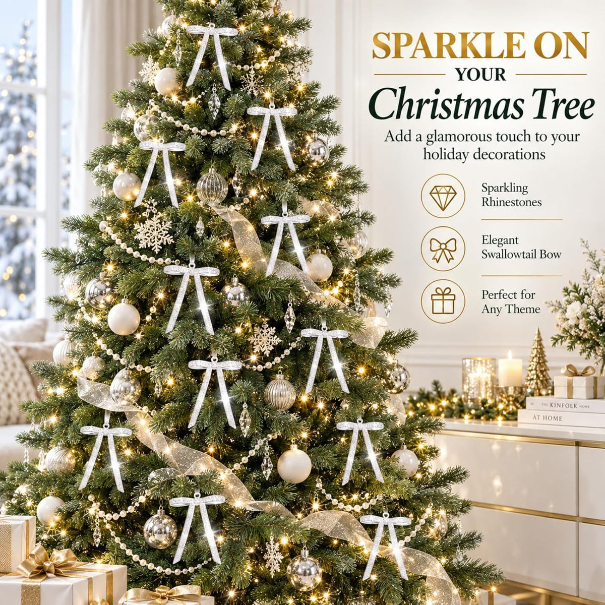 Home Collection Pack of 6 Metal Rhinestone Christmas Bow Ornaments, Sparkling Crystal Tree Decorations