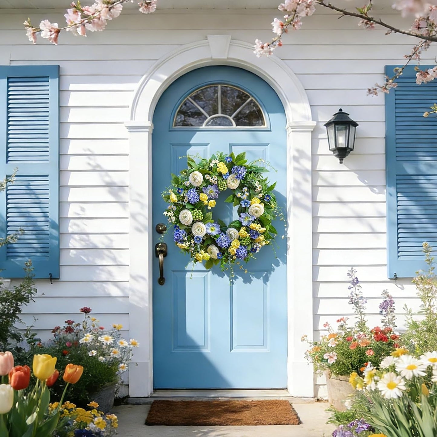 Home Collection Artificial Spring Wreath with Hydrangea Anemone Wild Daisy and Berry Accents 24 Inch