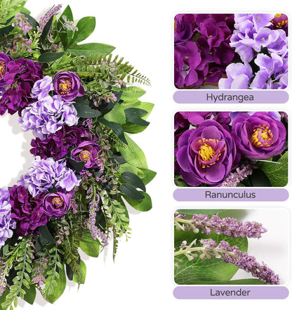 Home Collection Summer Wreath for Front Door with Purple Hydrangea and Ranunculus 24 Inch