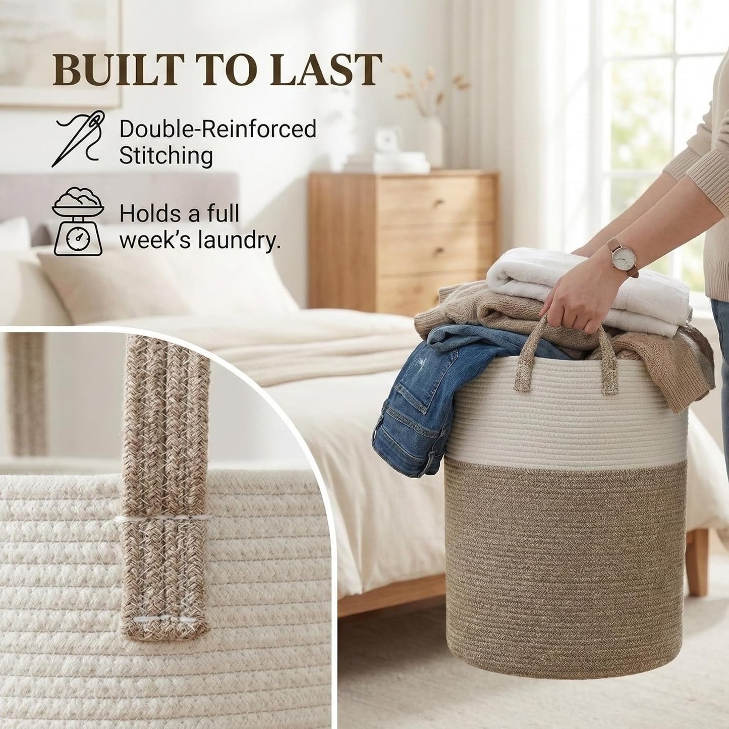 Home Collection Large Woven Laundry Basket Hamper 60L