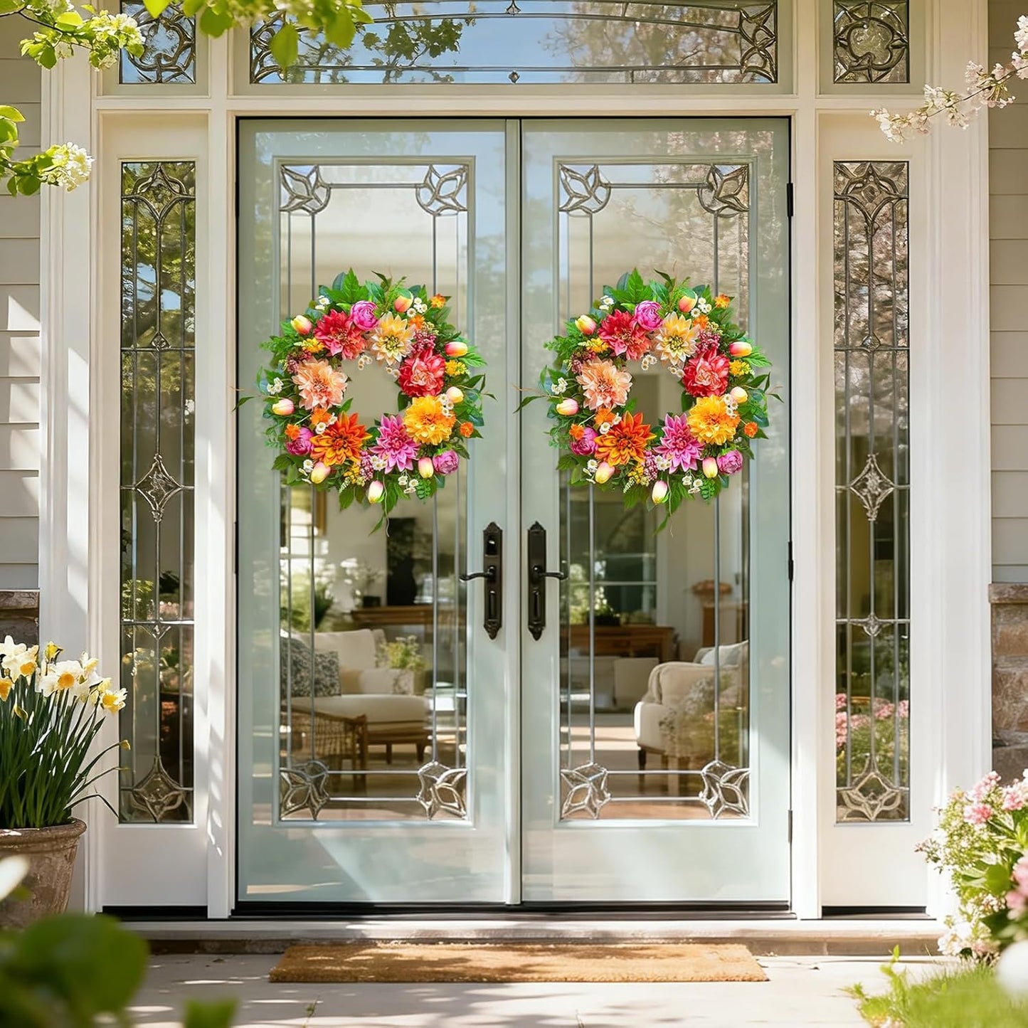 Home Collection Spring and Summer Wreath with Dahlia and Greenery for Front Door 24 Inch
