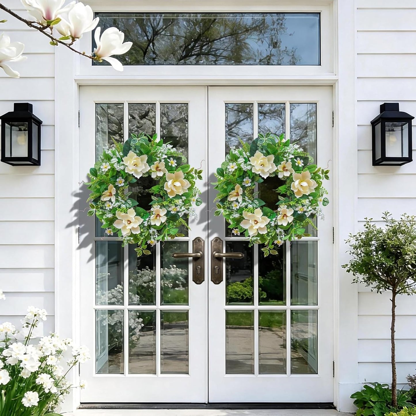 Home Collection Spring and Summer Wreath with White Flowers 24 Inch
