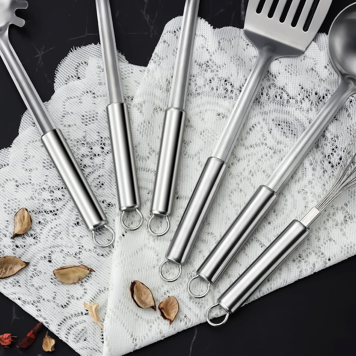 Home Collection Pack of 6 Stainless Steel Kitchen Utensils Set with Hanging Handles