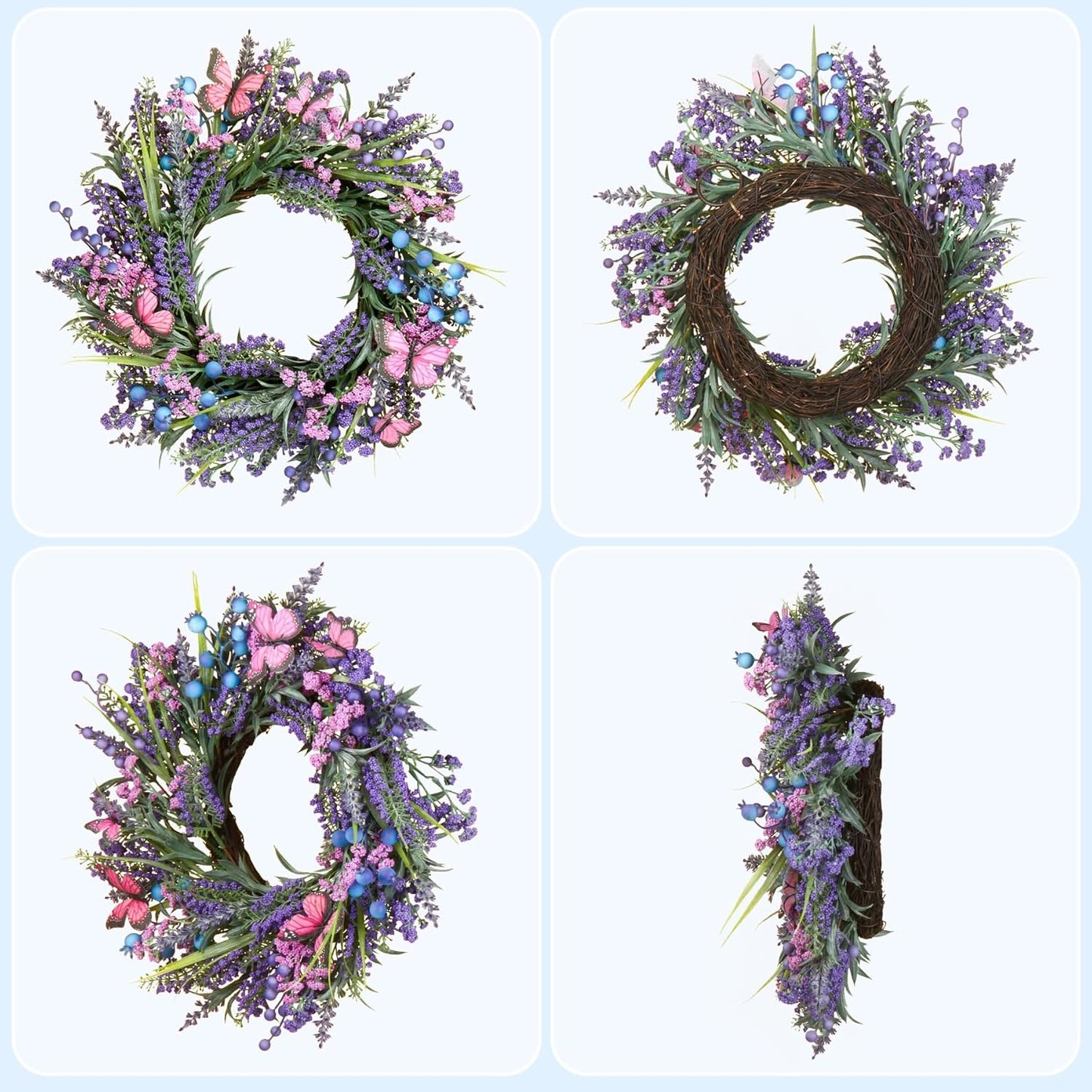 Home Collection Lavender Spring Summer Wreath for Front Door with Berries and Butterflies