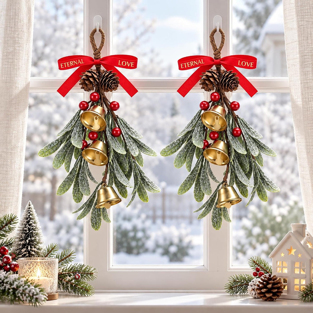 Home Collection Christmas Hanging Bell Ornament with Frosted Pinecones Red Berries & Decorative Bow