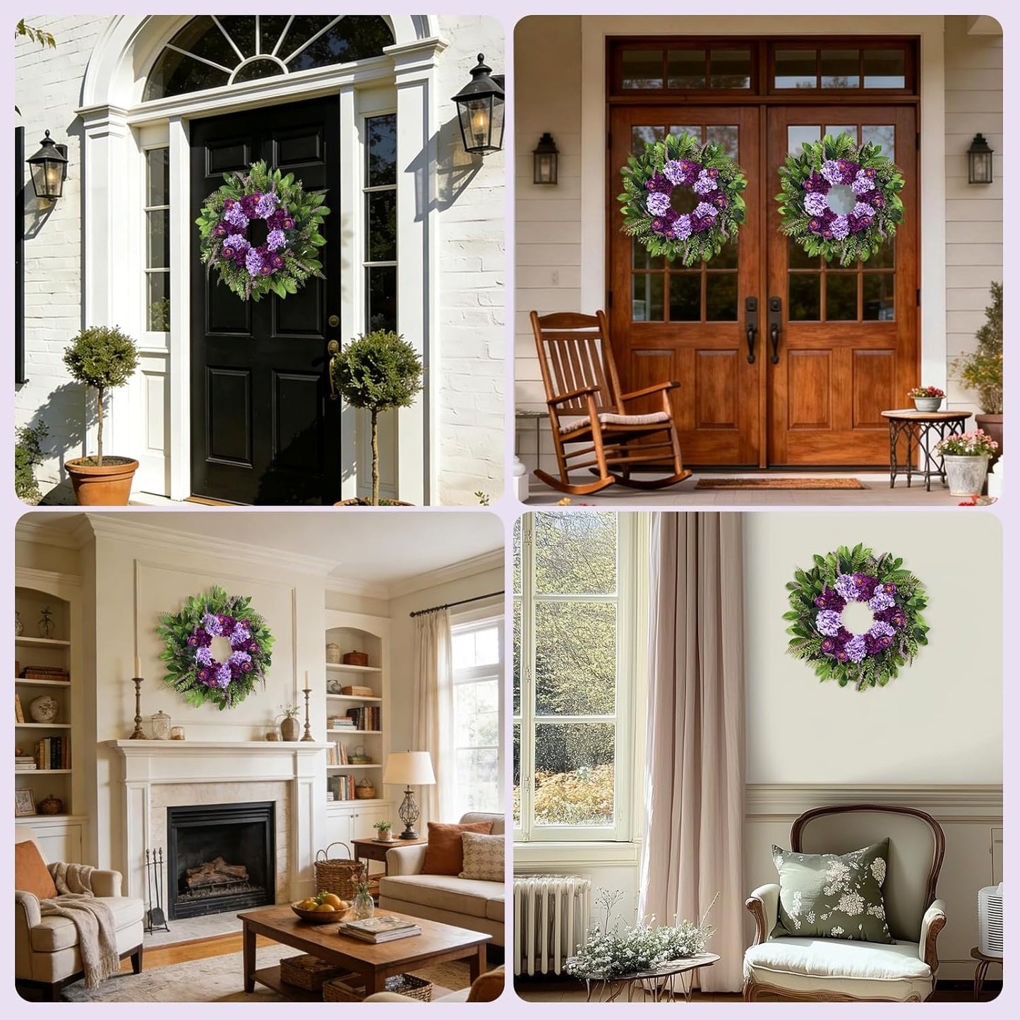Home Collection Summer Wreath for Front Door with Purple Hydrangea and Ranunculus 24 Inch