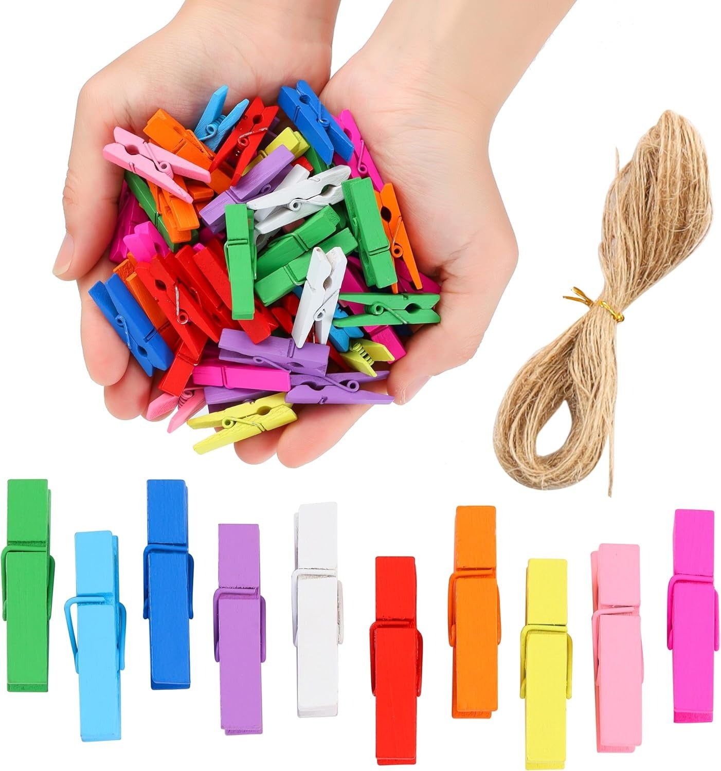 Home Collection 100Pcs Mini Wooden Clothespins with Jute Twine