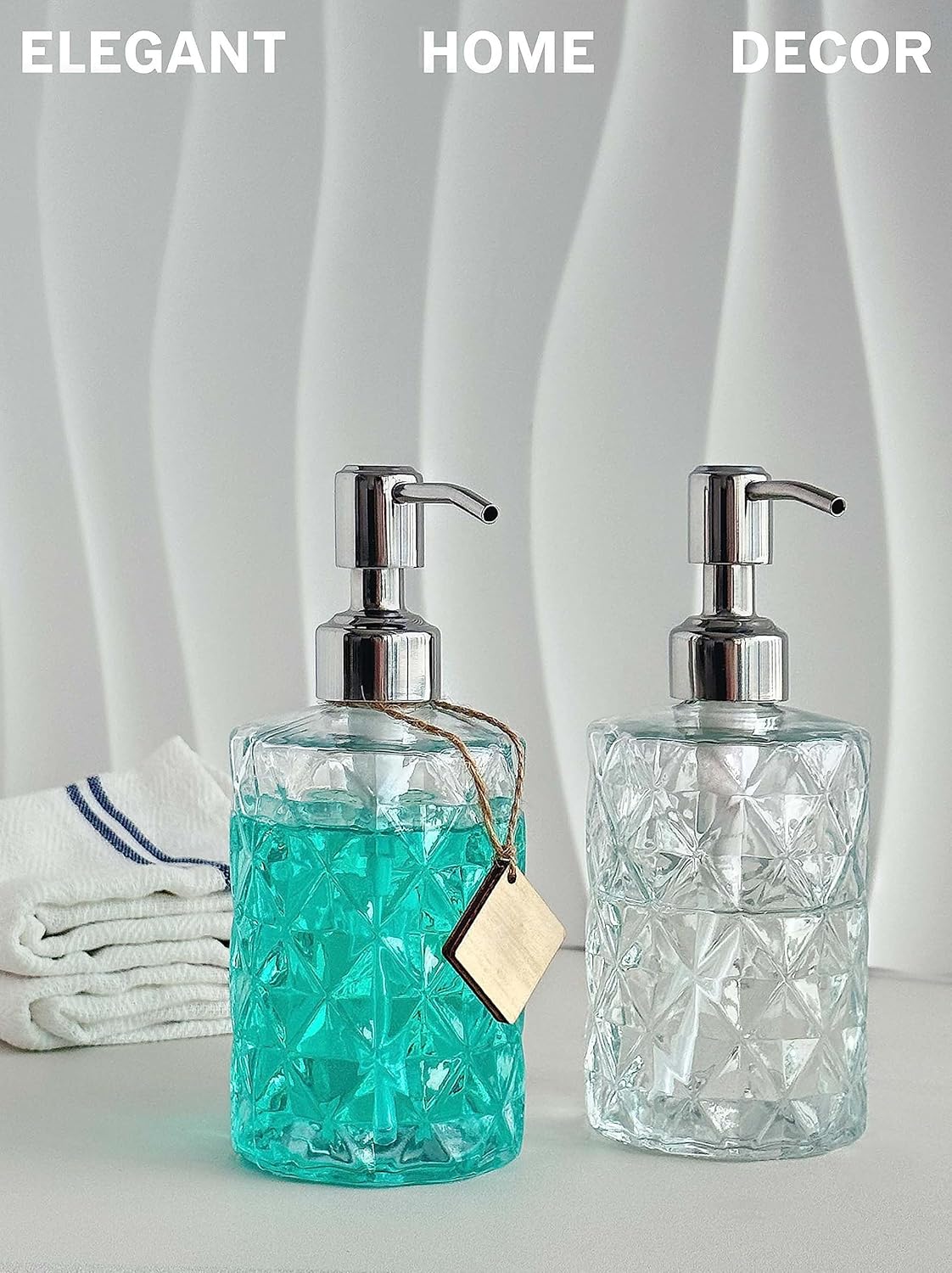 Home Collection 2-Pack 12 oz Diamond Embossed Glass Soap Dispenser with Stainless Steel Pump