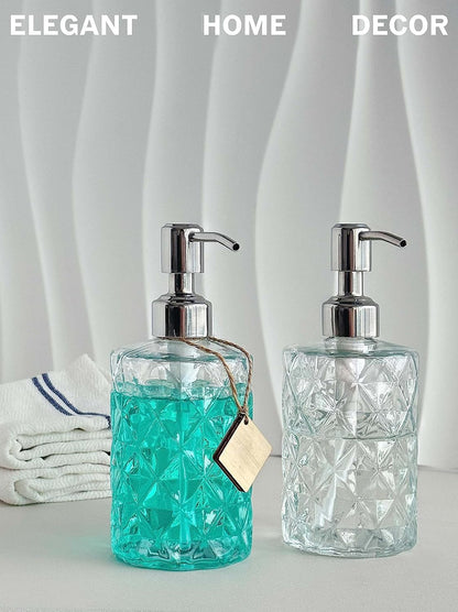 Home Collection 2-Pack 12 oz Diamond Embossed Glass Soap Dispenser with Stainless Steel Pump