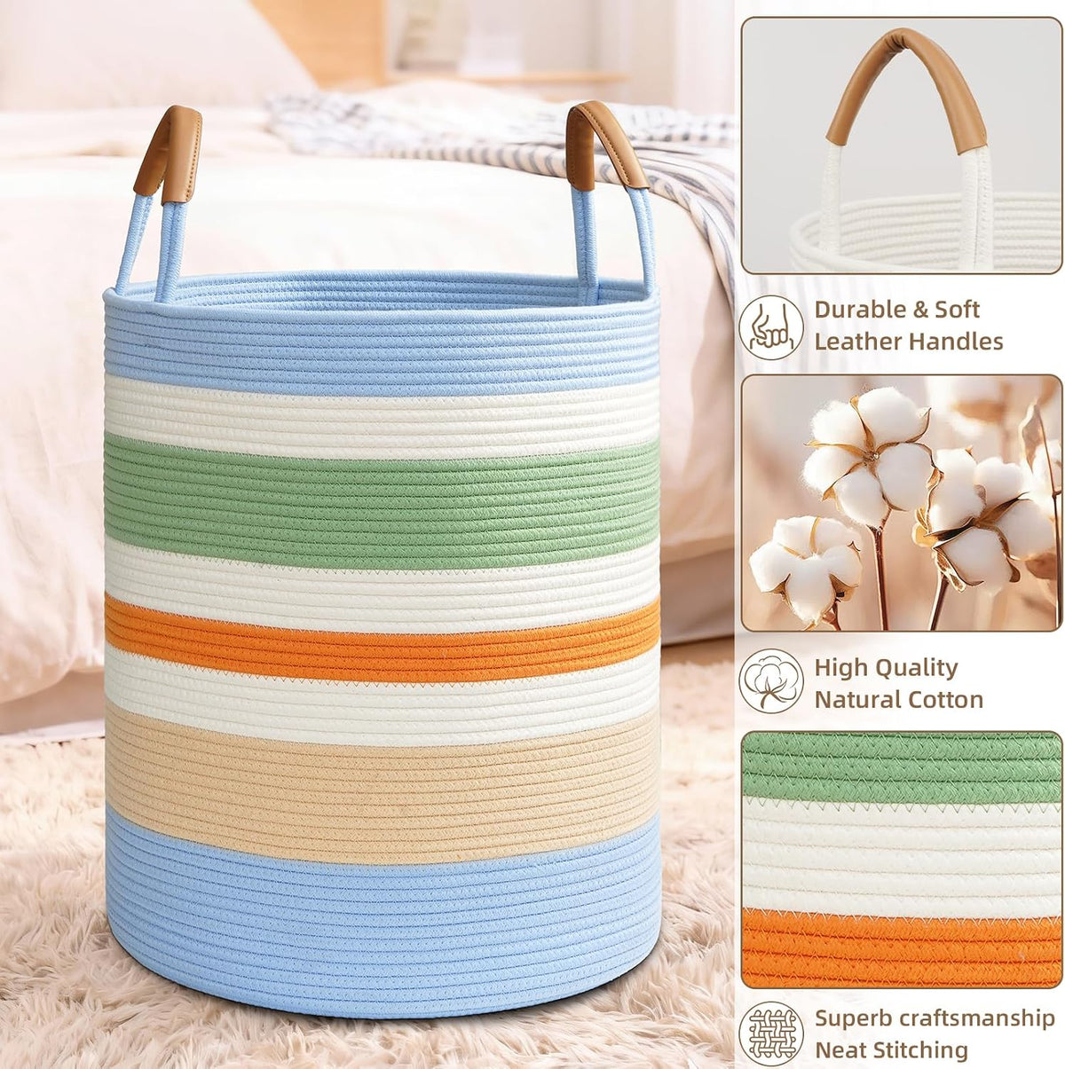 Home Collection 60L Woven Rope Laundry Hamper with Leather Handles